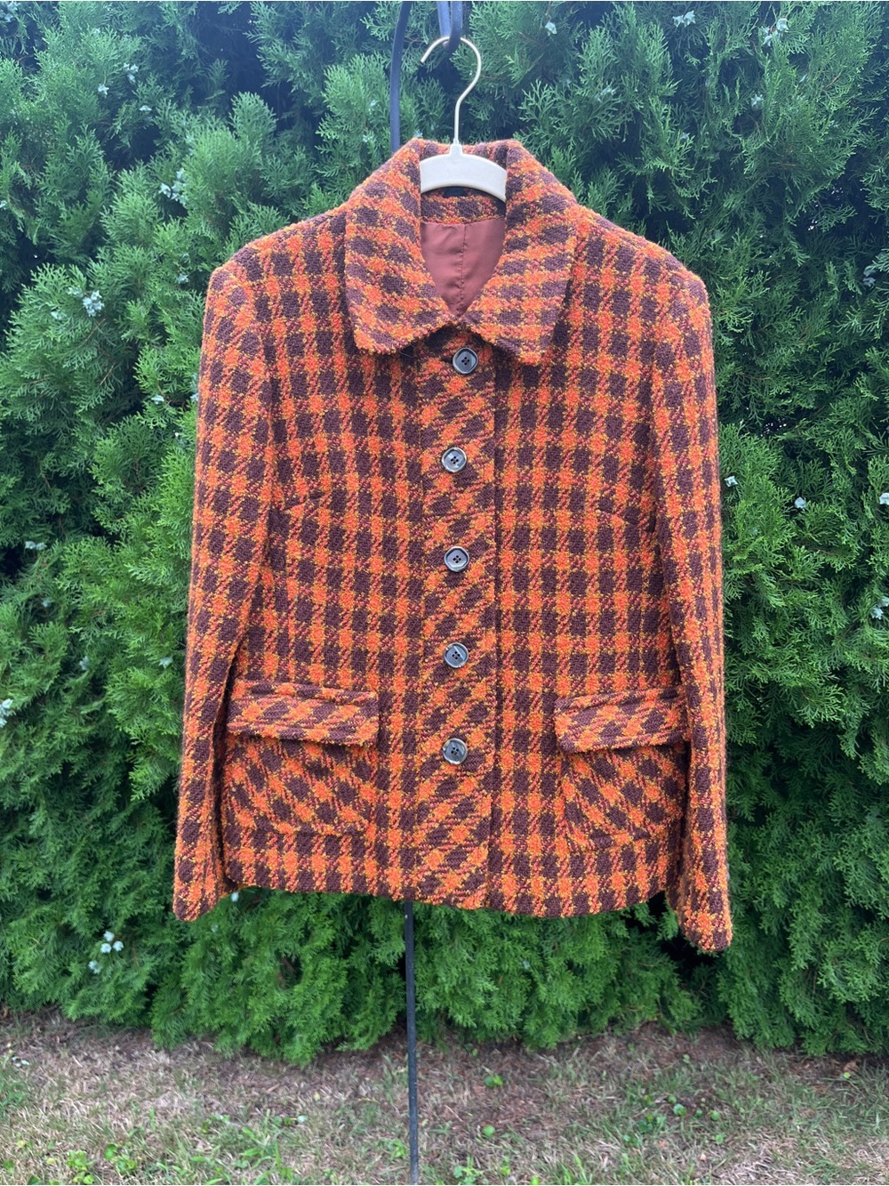 Vintage Donegal Tweed Wool Houndstooth Button-Front Blazer in Orange and Brown